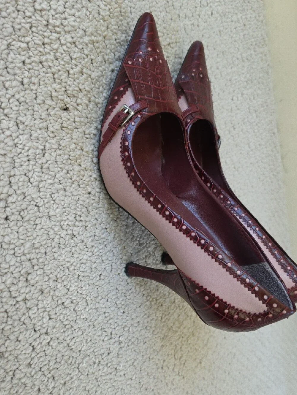 Nine West Burgundy Croc-Embossed Pointed-Toe Heels with Fringe